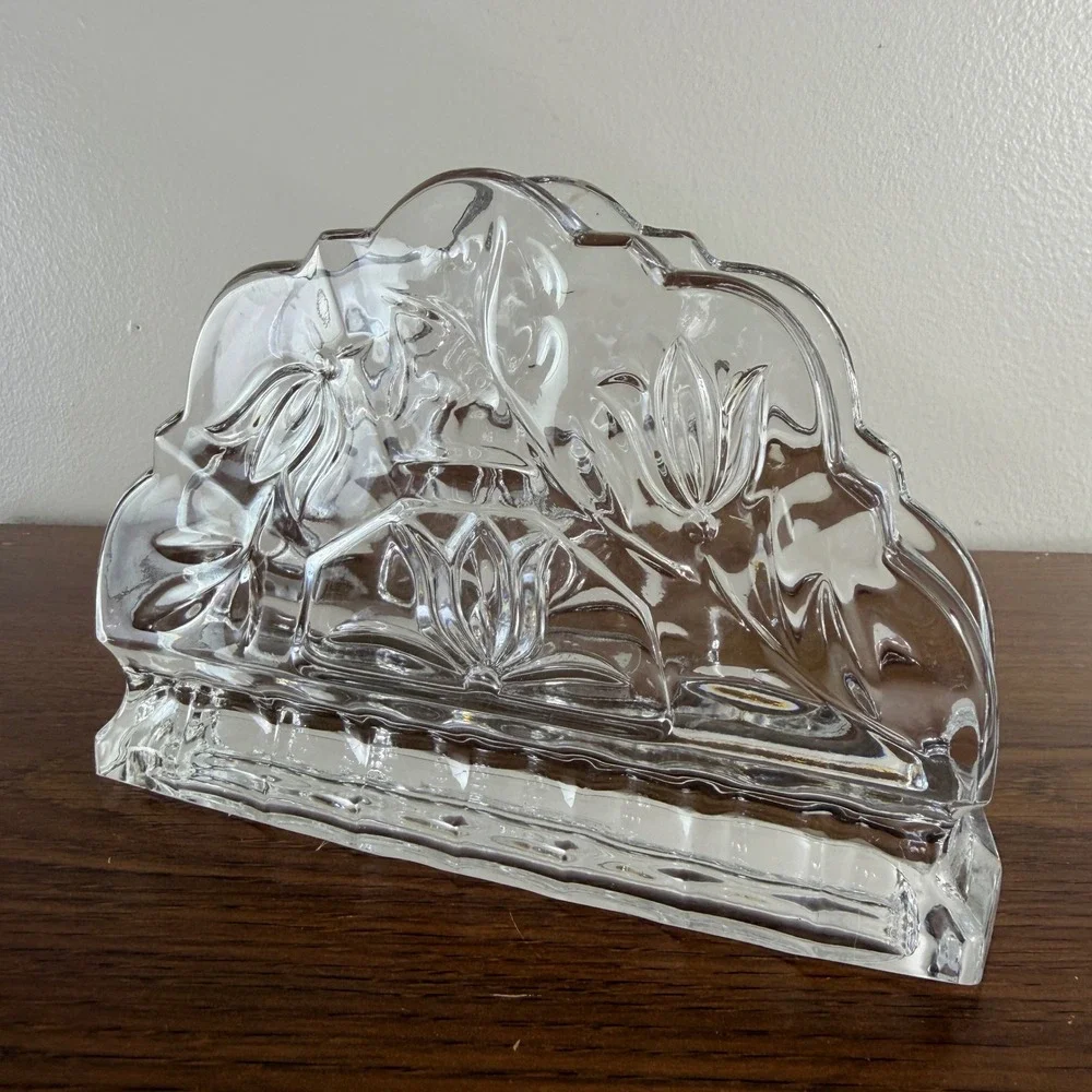 Vintage 24% Lead Crystal Napkin Holder Poland Tulip Floral Clear Glass